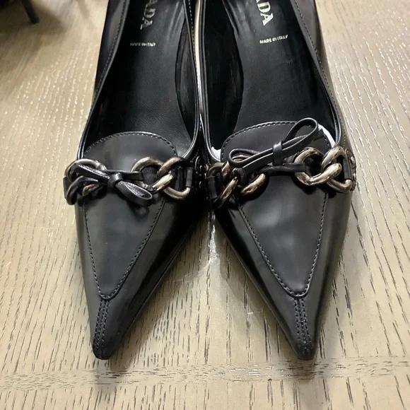 Prada Black Leather Heels with Chain Accent - Picture 1 of 8